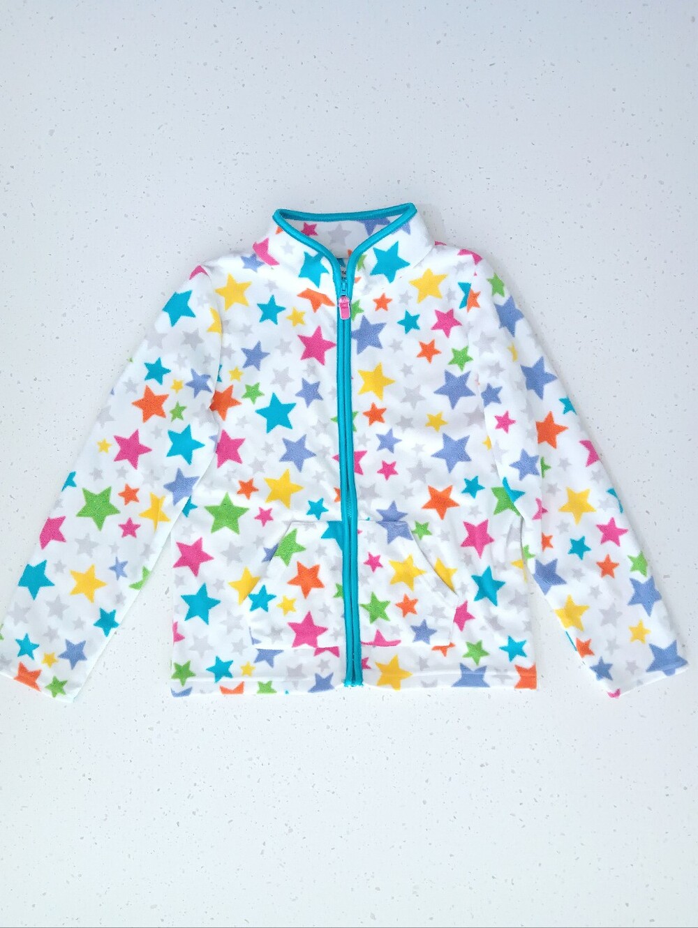 Girls' White Fleece Jacket With Rainbow Multicolor Stars Blue Trim Size 6 / 6X